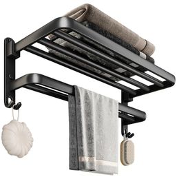 NEW Bathroom Towel Rack Foldable Towel Holder With Shelf Hook Stainless Steel Towel Bars Kitchen Shelf Hanger Wall Mounted 2 Lay HOTfor Foldable Towel Holder Shelf