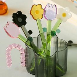 Coffee Scoops Flower Shaped Glass Spoon Multifunctional Long Handle Dessert Colored Transparent Mixing Sticks Bar