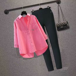 Womens Casual Sets Oversized Cotton Shirts Solid Long Sleeve Streetwear Top Blouse Sweet Loose Elastic Waist Pencil Pants Suit 240509