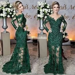 2023 Elegant Dark Green Mermaid Lace Mother Of The Bride Dree Long Sleeve Appliqued V Neck Wedding Guet Gown Plu Size Groom Mom Formal Evening Party 0509