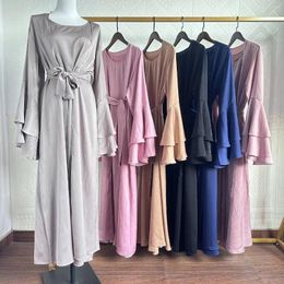 Ethnic Clothing 2 Pieces Set Muslim Women Satin Open Abaya Cardigan Inner Maxi Dress Suit Turkey Dubai Kimono Modest Islam Caftan Jalabiya
