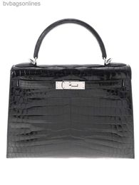 Original Hremms 1:1 Logo Brand Bags Women AAA Quality Shoulder Bags Kelyy Bag Kelyy 28 Crocodile Skin Outer Sewn Black Silver Square Carved Middle Bag Bag