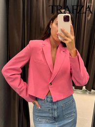 Women's Suits TRAFZA 2024 Spring Rose Red Blazer Lapel Long Sleeve Pocket Decorated Single Button Fashion Office Short