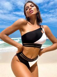 Women's Swimwear Fitshinling One Shoulder Swimsuit Patchwork Slim Women Clothing Boho Beach Swimwear Bikini Sets Sexy Hot Summer Suits T240508