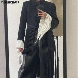 Men's Suits Fashion Casual Style Tops INCERUN Mens Pleated Design Blazer Street Patchwork Colour Contrast Mid Length Suit Coat S-5XL 2024
