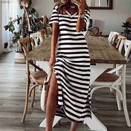 Basic Casual Dresses Womens New Striped Maxi Dress Womens Simple Fashion Casual Loose V-neck Short Sleeve Summer Dress Beach Split Long Dress XW