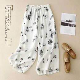 Women's Pants Capris Cotton Linen Pants Women Printed Loose Casual Baggy Pants Vintage Summer Korean Style Elastic Waisted Trousers Wide Leg Pants Y240509