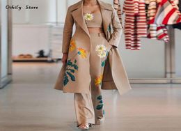 Women039s Two Piece Pants Women Long Trench Coat Sets Autumn Winter Fashion Temperament Print Flower Windbreaker Wide Leg Suit5216696