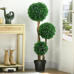 Decorative Flowers 3.5ft/43.25" Artificial 3 Ball Boxwood Topiary Tree With Pot Indoor Outdoor Fake Plant For Home Office Living Room Decor