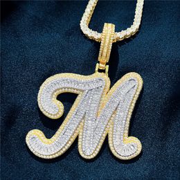 Custom AZ Cut Full Real Icy Baguette Cursive Letters Pendant Necklace Gold Silver Cubic Zirconia Men Women with 24inch Rope Chain 260M