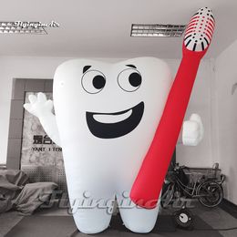 Outdoor Advertising Inflatable Cartoon Tooth Balloon 6m Height White Air Blown Dental Man Model With A Toothbrush For Parade Show
