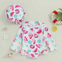 One-Pieces Toddler Girls Rash Guard Swimsuit Rompers Long Sleeve Watermelon Print Baby Ruffles Bathing Suit Swimwear with Swim Cap H240508