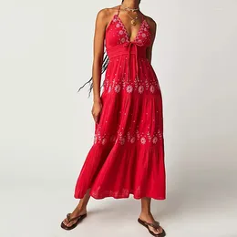Casual Dresses Boho Flowy Maxi Dress For Women Spaghetti Strap Open Back Embroidered Tiered Swing Summer Long Vestidos Para Mujer