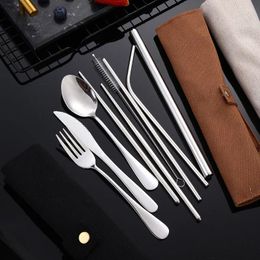 Dinnerware Sets Stainless Steel Tableware Knife Fork And Spoon 7-piece Set Straw Portable Chopsticks