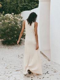 Casual Dresses Women Long Dress Hollow-Out Sleeveless Vertical Striped Ribbed Knit Fashion Summer
