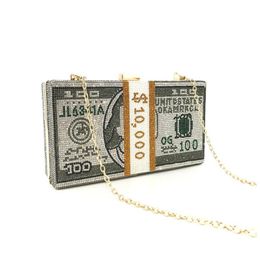 10000 Dollars chain bag Money Clutch Rhinestone Purse Stack of Cash Evening Handbags Shoulder Wedding Dinner Bags 8 Colour 052902 305E