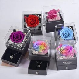 Decorative Flowers Eternal Red Rose Jewelry Gift Box Ring Earrings Necklace Storage Acrylic Boxes For Lover Romantic Valentine Gifts