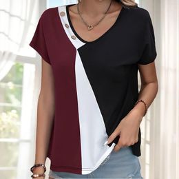 Women's T Shirts Printed Color Block T-Shirts Women Short Sleeve Casual O-Neck Button Tops Elegant Lady Fashion Streetwear Spring Summer