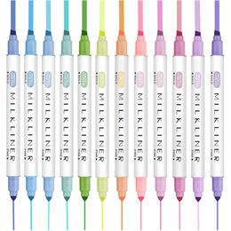 12Pcs Highlighter Markers Pen Dual Tip MilkLiner Pastel Colour Eye-Protect Light Colour Fluorescent Pens School Drawing Marker 240425