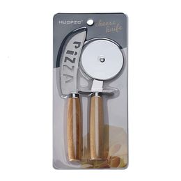 2 Cutter Wheel PACK Kitchen Stainless steel Pizza Slicer Knife Set with Wooden Handle