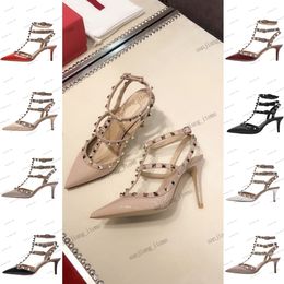 Designer High Heels Sandals studs strappy Dress Shoes Luxurys women studded slingback pump Black Nude double Straps triple strap Rivets Stiletto pointed toe slides