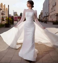 2024 Elegant Muslim Wedding Dress for Women Long Sleeves Mermaid with Detachable Train High Neck Pearls Beads Bridal Gowns Customed Vestidos De Noiva 0509