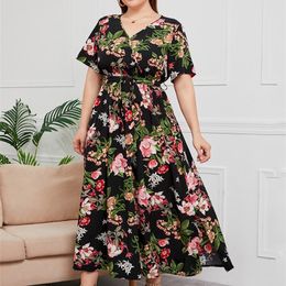 GIBSIE Plus Size V Neck Floral Print Boho Dress Women Summer Short Sleeve Maxi Dresses Holiday A-line Female Belted y240425