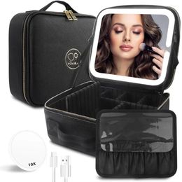 Storage Boxes Travel Makeup Bag Cosmetic Organizer With Large Lighted Mirror 3 Color Scenarios Adjustable Brightness