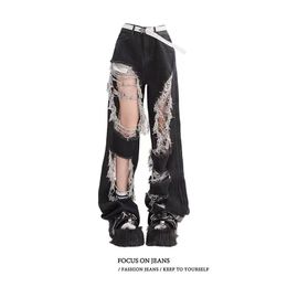 Womens Gothic Black Jeans High Waist Vintage Korean Fashion Y2k Streetwear Ripped Pants Harajuku Casual Wide Leg Denim Trousers 240509