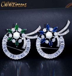 Brilliant Green and Blue Cubic Zirconia Paved Women Large Beautiful Flower Brooches Pins Jewelry with Pearl BH005 210714320M1149942