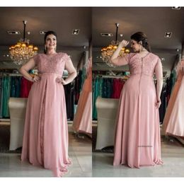 Blush Plus Size Mother Of The Bride Dresses 2021 Short Sleeve Lace Chiffon Floor Length Long Formal Women Wedding Evening Guest Gowns 0509