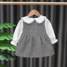 Girl's Dresses Cute Baby Girl Dress Strberry Doll Collar Long Sleeve Princess Dress Plaid Casual Kid Outfit Children Clothing Toddler A889