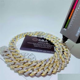 Pendant Necklaces Custom Gold Plated Two Tone Miami Cuban Link Chain 14Mm 2 Row Vvs Moissanite Bracelet Pass Diamond Test Men Necklace Dhwgd