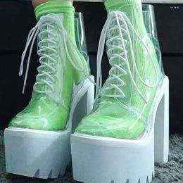 Boots Clear PVC Deep Platform Ankle Transparent Lugged Lace Up Rainboots Round Toe Fashion Runway Shoes