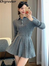 Work Dresses Preppy Style Twist Knitted Two Piece Set For Women Casual Short Pullover Sweater Mini Pleated Skirt Sets Fashion 2