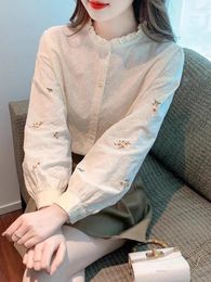 Women's Blouses Korejepo Embroidered Shirt Women Spring 2024 Style Wooden Ear Edge Top Korean Chic Fashionable Leisure Simplicity Shirts