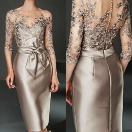 Champagne 2021 Of the Bride Dresses Knee Length Satin Lace Appliqued Groom Mother For Wedding Arabic Evening Dress 0509