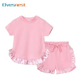 Summer Childrens Clothing Girls Outfit Solid Color Short Sleeve Tops Shorts Fashion Kids Girl Clothing Set 16 år 240430