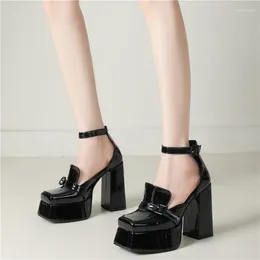 Dress Shoes Patent Leather Square Toe Thick Sole Chunky Heels Women Pumps Mary Janes Ankle Strap Sandals Fashion Sexy Elegant Ladies
