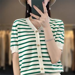 Summer 100% Cotton Womens Loose Sweater T-shirt Knitted V-neck Striped Pullover Casual Fashion Versatile Womens Top 240508
