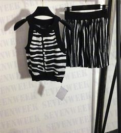 Striped Halter Knit Vest Top Pleated Skirts Sets For Women Fashion Sexy Ladies Tanks Short Dress Two Piece4620550