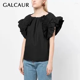 Women's Blouses GALCAUR Minimalist Patchwork Folds Loose Shirts For Women Round Neck Short Sleeve Casual Solid Female Fashion Clothing