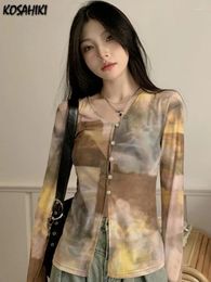 Women's Blouses Summer Tie-dye Women Harajuku Vintage Shirt 2024 Slim Single Breasted Grunge Blouse Y2k Aesthetic Bottoming Blusas Mujer De