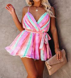 Women Fashion Casual Short Dress V neck Tie Front Spaghetti Strap Rainbow Colour Backless Cami Mini Dress 2107164641894