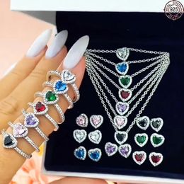 Cluster Rings 925 Sterling Silver Classic Heart-shaped Coloured Crystal Women's Ring Necklace Earrings Fit Original Temperament Jewellery Gifts