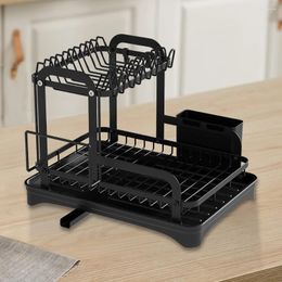 Kitchen Storage 2 Tier Dish Drainer Chopstick Holder Rack Cup Cutting Board 360-Degree Retractable Drain For Counter