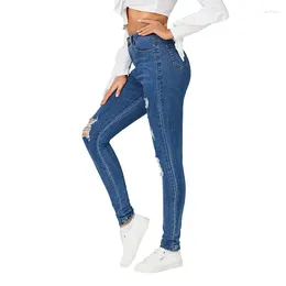 Women's Jeans Blue Women Pencil Fashion Hole High Waist Casual Female Denim Trousers 2024 Summer Stretch Office Lady Pants