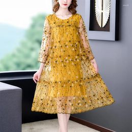 Party Dresses Silk Loose Waist Midi Dress Women Korean Embroidered Light Beach Summer Elegant Casual Plus Szie