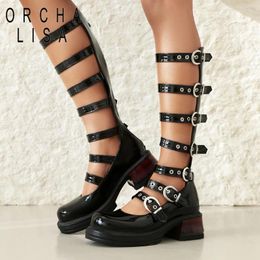 Dress Shoes ORCHA LISA Punk Roman Women Pumps Round Toe Block Heels Zipper Mult Buckle Straps Patent Leather Plus Size 42 43 44 Street