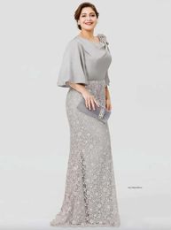 Grey A Line Mother Of The Bride Dress Jewel Neck 3/4 Long Sleeve Lace Appliqued Wedding Guest Gowns Floor-length Plus Size Evening Dresses Birthday Party Wear 0509